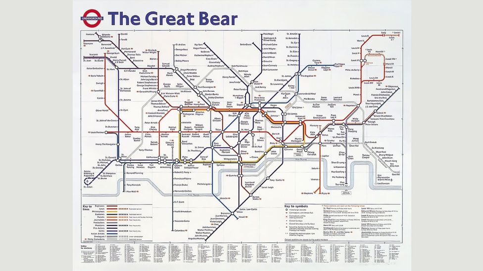 Ця гравюра повторює знамениту карту, за винятком того, що назви станцій замінені знаменитостями (Фото: The Great Ведмідь, 1992/Саймон Паттерсон/Музей Вікторії та Альберта)  <p class=